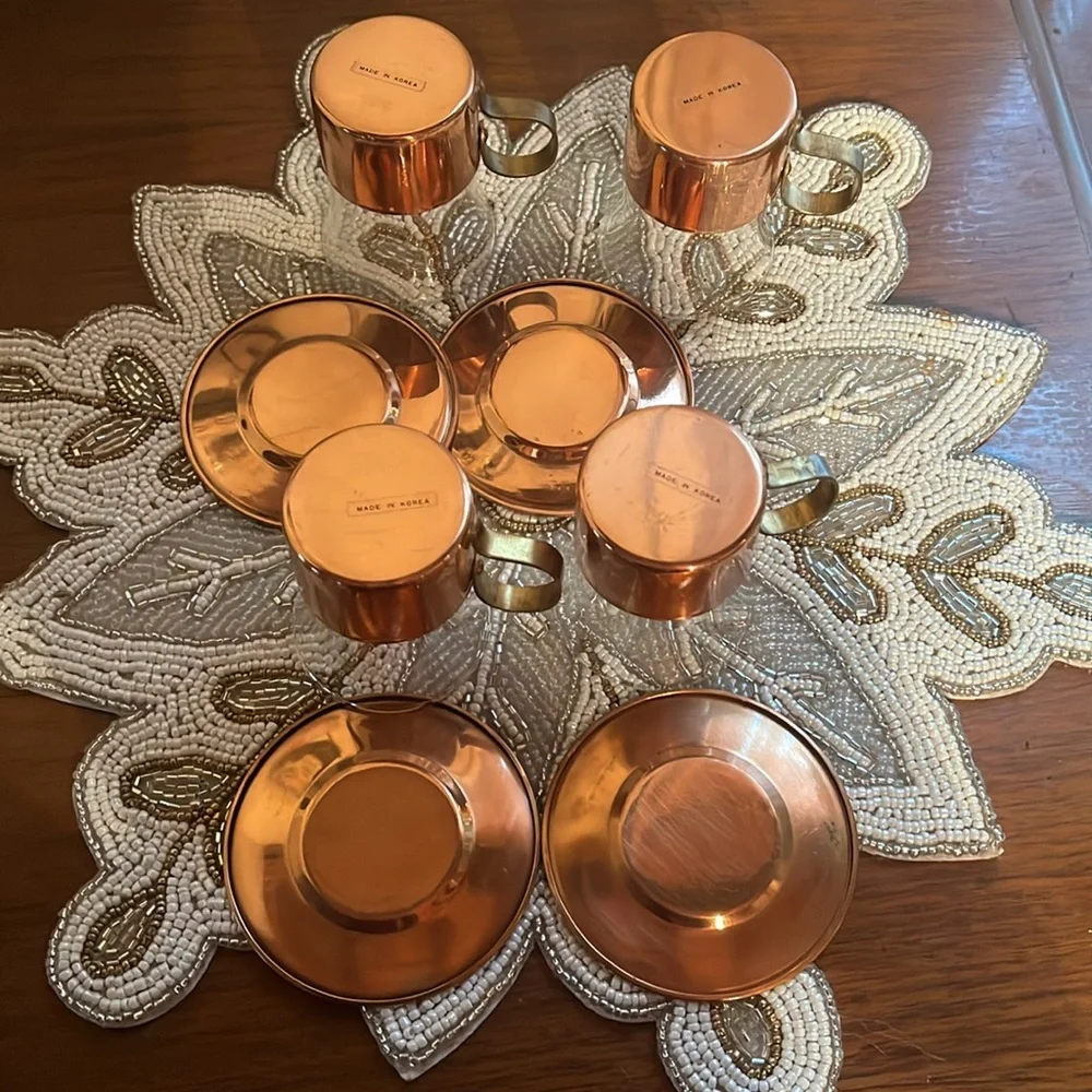 Old Dutch copper & brass espresso coffee set w/saucers & removable glass cups - Picture 3 of 4